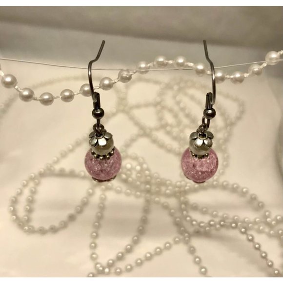 Pink Glass Crackle Beads Imitation Pearl Earrings - Picture 3 of 7